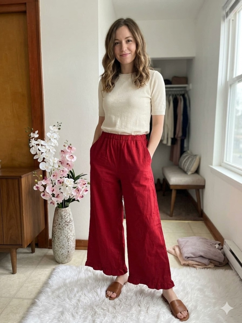 CiCy Bell Relaxed Wide-Leg Pants in Deep Red